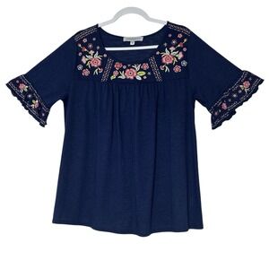 tempted hearts Top women Blouse 2X Plus embroidered boho Peasant Short Sleeve